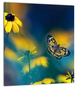 Obraz - Žlutý motýl s květy (30x30 cm)