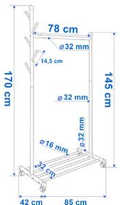 ViaDomo Via Domo - Pojízdný kovový věšák s botníkem Libellula - bílá - 85x170x42 cm