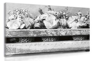 Obraz černobílé květiny v bedýnce bez srdíčka