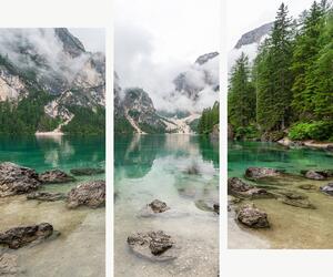 Tyrkysové horské jezero v mlze – Třídílný obraz C, 120 × 100 cm