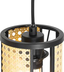 Retro závěsná lampa černá s ratanovým 3-světelným kulatým - Akira