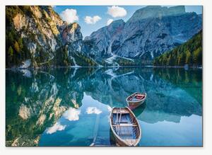 Horské jezero s loďkami – Jednodílný obraz, 70 × 50 cm