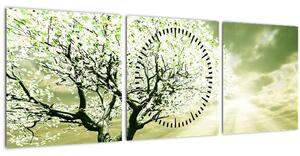 Obraz kvetoucího stromu (s hodinami) (90x30 cm)