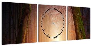 Obraz podzimního lesa v mlze (s hodinami) (90x30 cm)