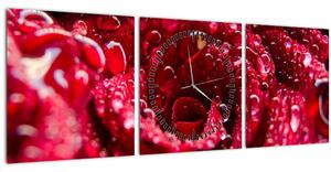 Obraz květu červené růže (s hodinami) (90x30 cm)