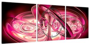 Obraz růžových fraktálů (s hodinami) (90x30 cm)