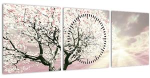 Růžový obraz stromu (s hodinami) (90x30 cm)