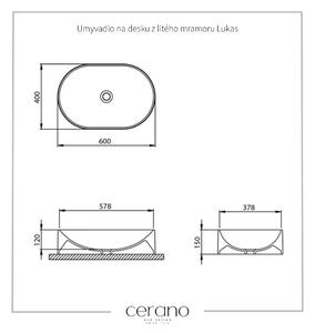 CERANO - Umyvadlo na desku z litého mramoru Lukas - bílá lesklá - 60x40 cm