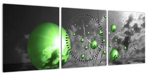 Obraz zelených abstraktních koulí (s hodinami) (90x30 cm)