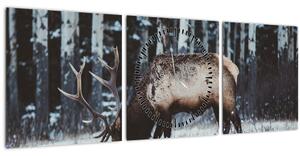 Obraz - jelen v zimě (s hodinami) (90x30 cm)