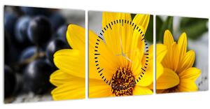 Obraz žlutých květů (s hodinami) (90x30 cm)