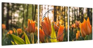 Obraz - květy tulipánů (s hodinami) (90x30 cm)
