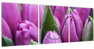 Obraz - květy tulipánů (s hodinami) (90x30 cm)