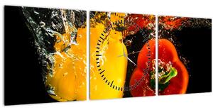 Obraz - papriky ve vodě (s hodinami) (90x30 cm)