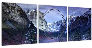 Obraz zimní horské krajiny (s hodinami) (90x30 cm)