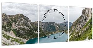 Obraz jezera v horách (s hodinami) (90x30 cm)