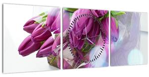 Obraz - kytice tulipánů (s hodinami) (90x30 cm)