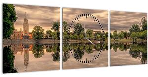 Obraz jezera a stromů (s hodinami) (90x30 cm)