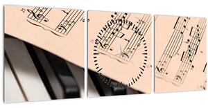 Obraz klavíru s notami (s hodinami) (90x30 cm)