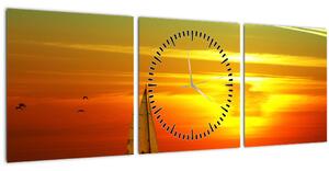 Obraz západu slunce s jachtou (s hodinami) (90x30 cm)