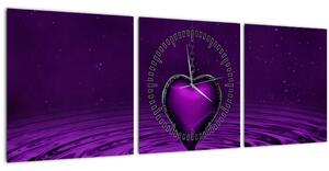 Obraz fialového srdce (s hodinami) (90x30 cm)