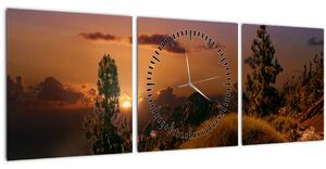 Obraz přírody se západem slunce (s hodinami) (90x30 cm)