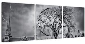Obraz černobílé vesnice (s hodinami) (90x30 cm)
