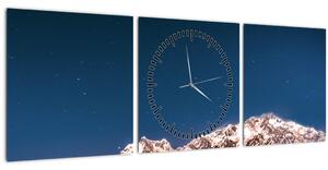 Obraz hor a noční oblohy (s hodinami) (90x30 cm)