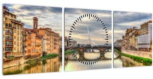 Obraz města s řekou (s hodinami) (90x30 cm)