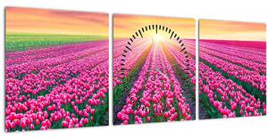 Obraz pole tulipánů se sluncem (s hodinami) (90x30 cm)