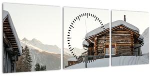 Obraz - horská chata ve sněhu (s hodinami) (90x30 cm)