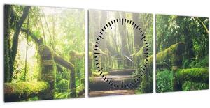 Obraz - dřevěné schody v lese (s hodinami) (90x30 cm)