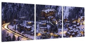 Obraz - horské zimní městečko (s hodinami) (90x30 cm)