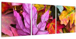 Obraz - podzimní listy (s hodinami) (90x30 cm)