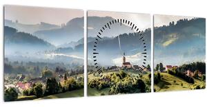 Obraz - vesnička v mlze (s hodinami) (90x30 cm)