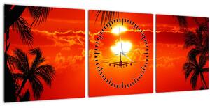 Obraz - západ slunce s letadlem (s hodinami) (90x30 cm)