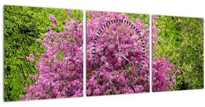 Obraz rozkvetlého stromu na louce (s hodinami) (90x30 cm)