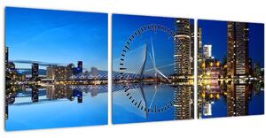 Obraz - noční Rotterdam (s hodinami) (90x30 cm)