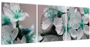 Obraz květu - tyrkysové (s hodinami) (90x30 cm)