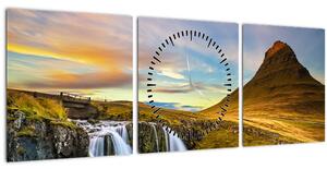 Obraz hory a vodopádů na Islandu (s hodinami) (90x30 cm)