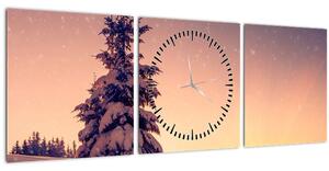 Obraz zasněženého stromu na louce (s hodinami) (90x30 cm)