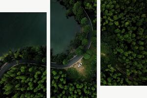 Klikatá silnice u lesního jezera – Třídílný obraz C, 120 × 80 cm