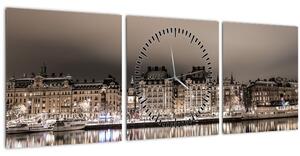 Obraz města v šeru (s hodinami) (90x30 cm)