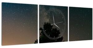 Obraz noční oblohy se stromy (s hodinami) (90x30 cm)
