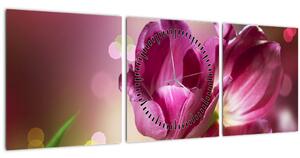 Obraz růžových tulipánů (s hodinami) (90x30 cm)