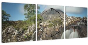 Obraz vodopádů a hory (s hodinami) (90x30 cm)