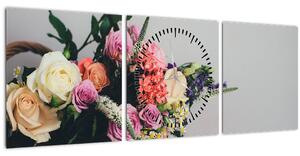 Obraz koše s květinami (s hodinami) (90x30 cm)