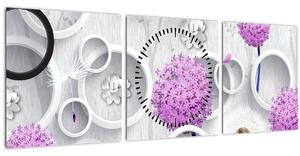 Obraz 3D abstrakce s kruhy a květinami (s hodinami) (90x30 cm)