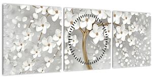 Obraz bílého stromu s květinami (s hodinami) (90x30 cm)