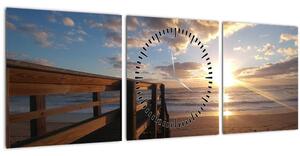 Obraz mola, pláže a moře (s hodinami) (90x30 cm)